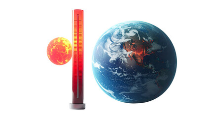 Large thermometer rising next to planet earth, red heat indicator, global temperature increase concept, minimal modern style, isolated on transparent background
