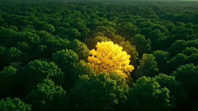 A vibrant yellow tree stands out amongst a dense forest of green trees, bathed in warm sunlight.