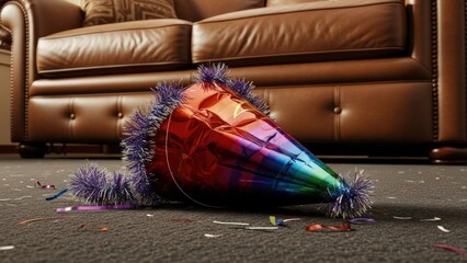 Rainbow-colored party horn lying on a gray carpet with confetti in front of a brown leather couch.