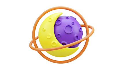 Cartoon Crescent Moon and Planet with Rings