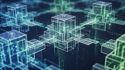 Futuristic digital landscape with interconnected cubes and neon lights.