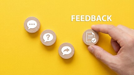 Hand placing feedback document icon on wooden blocks with speech bubbles