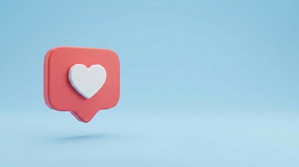 A 3D rendered red notification bubble with a white heart icon inside, floating against a soft blue background.