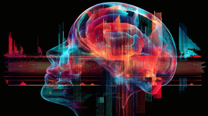 Abstract collage of a transparent head silhouette with  brain, waves and charts in the background. Futuristic concept for artificial intelligence, neuroscience and psychology research