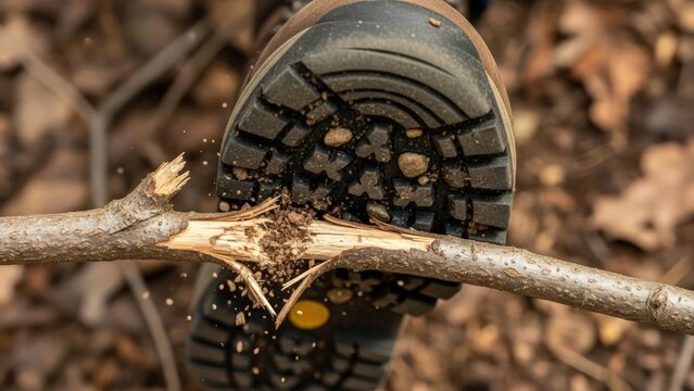 Close-up of a hiking boot stepping on a snapped tree branch on forest floor with autumn leaves