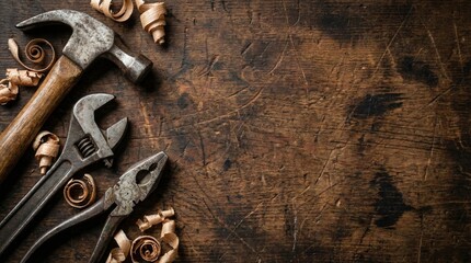 Vintage hand tools and wood shavings on rustic wooden workbench