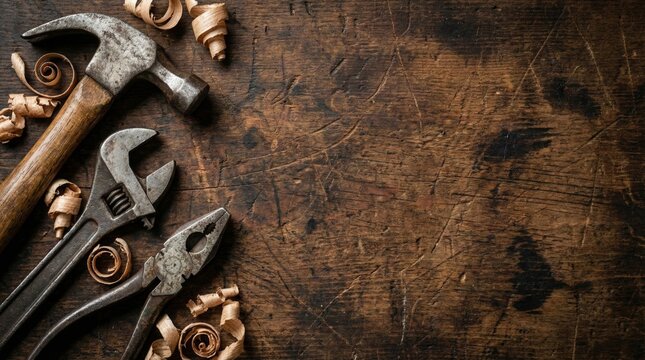 Vintage hand tools and wood shavings on rustic wooden workbench - Powered by Adobe
