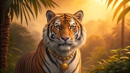 Majestic Bengal Tiger With Intense Amber Eyes And Gold Pendant