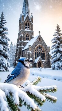 Blue jay on a snowy pine branch with a stone church and snow-laden evergreen trees in winter