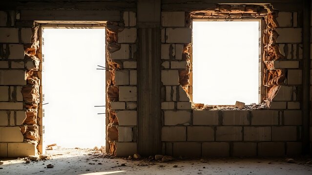 An old, demolished brick wall stands with exposed, rough edges around the open frames of a door and a window, letting in bright natural light.
