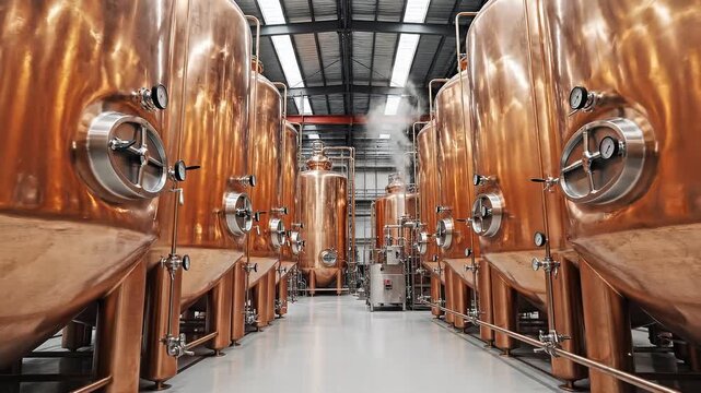 Industrial interior of brewery, distillery with large shiny copper stills. Manufacturing tank equipment for drink production.