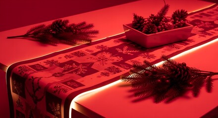Elegant Holiday Table Illuminated in Striking Red Light, Showcasing a Decorative Snowflake Runner, Pine Cones, and Berries for a Festive Winter Celebration