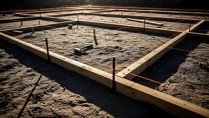 Wooden formwork and precisely strung lines delineate the perimeter for a concrete foundation, laid out on a sandy construction site under warm sunlight.