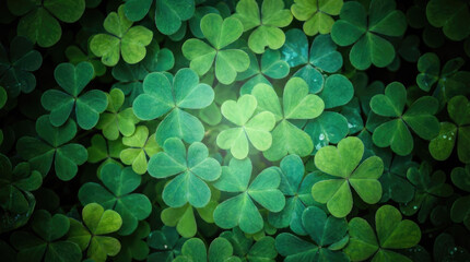 St patricks day themed background featuring a multitude of green shamrocks with varying shades and a dark vignette effect surrounding them