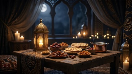 Naklejka premium Suhoor Ramadan Table Islamic Night Concept