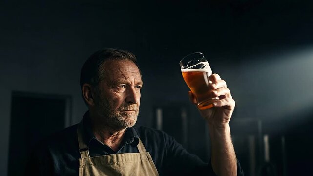 Caucasian man with a beard inspects a glass of beer, holding it up, tilting it, and then looking down, for beer tasting concept.