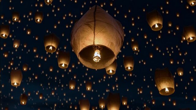 Close up of hands releasing a glowing sky lantern during Yee Peng ritual, warm firelight illuminating paper as lanterns rise softly in the night 4k video footage
