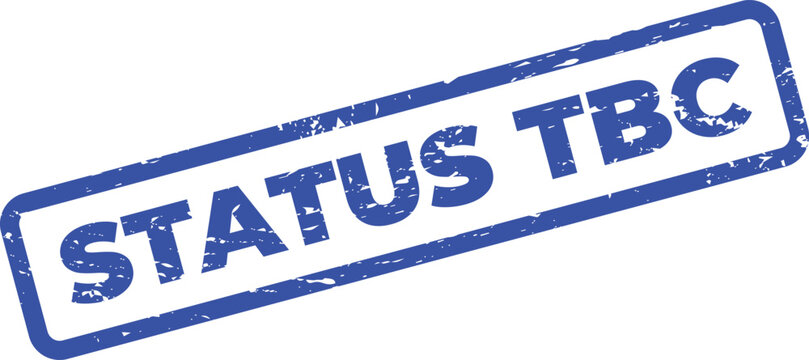 Blue status tbc stamp on white background