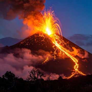 Erupting volcano at dusk, lava flowing down its sides