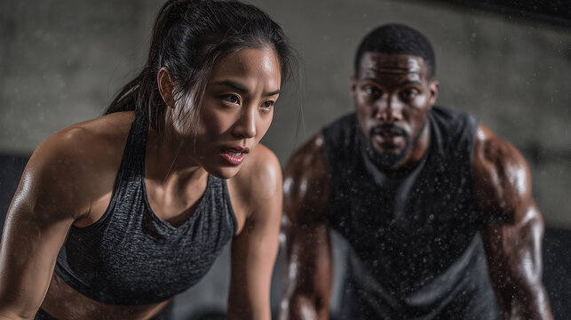 Japanese personal trainer coaching a Black male client through sled drag conditioning in a functional fitness gym. Asian personal trainer coaching afro american sporter. Healthy lifestyle, training fo