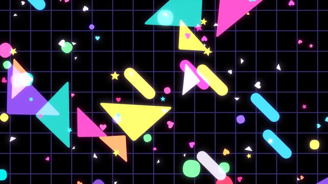 Colorful triangles and stars on black grid background animation. (loop)