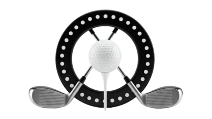 Golf Emblem with Ball, Tee, Clubs, and Decorative Ring