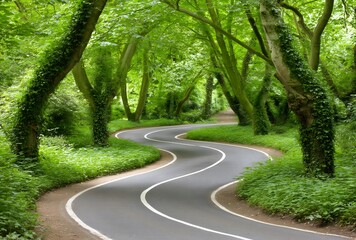 Obraz premium Winding asphalt road through green forest tunnel