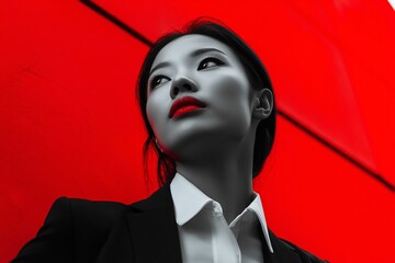 Asian woman in black and white with red lips looking up. Close up portrait of a confident and ambitious female leader. Business concept.