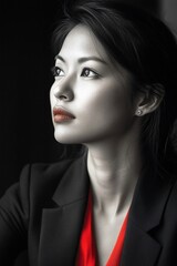 Asian woman in black blazer with red shirt looking up, selective color. Hope and aspiration concept, business vision for finance.