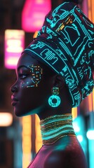 African American woman with glowing neon patterns on face and headwrap. Future fashion and cyberpunk design. Modern aesthetic.