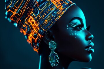 Woman with futuristic digital circuit headscarf and glowing facial features. Artificial intelligence and cybernetic beauty concept.