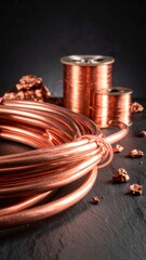 Close-up on shiny copper wire coil and spools on dark slate, with small copper nuggets scattered around