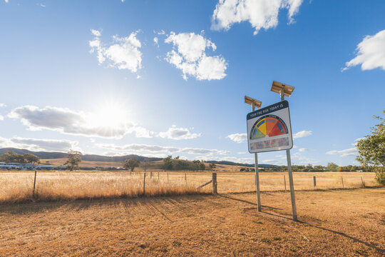 Extreme fire danger risk warning sign beside dry paddock on total fire ban day in rural Australia