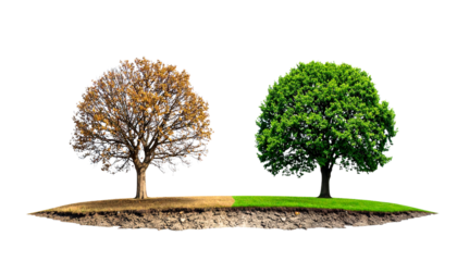 two trees, one lush green, other dry and leafless, climate change and deforestation concept, strong visual metaphor, isolated on transparent background