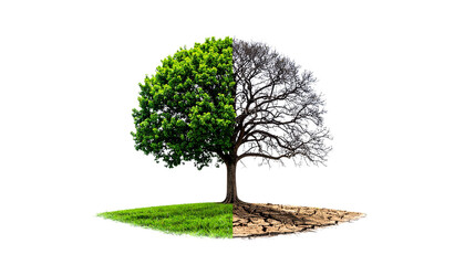 Single tree split vertically: one side lush green, other side dry and leafless, climate change and deforestation concept, strong visual metaphor, isolated on transparent background.