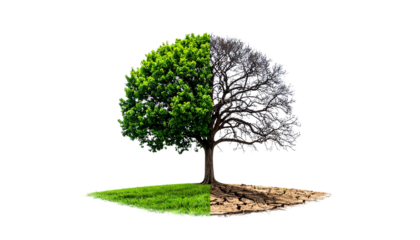 Single tree split vertically: one side lush green, other side dry and leafless, climate change and deforestation concept, strong visual metaphor, isolated on transparent background.