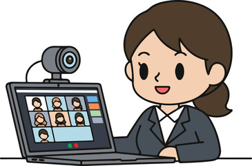 Online Meeting Woman Video Call Remote Work Business Concept, Flat Cartoon Illustration Style