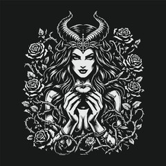 Dark mythology illustration of Lilith holding an apple surrounded by roses, gothic occult fantasy woman in detailed hand drawn vector style © Chairul