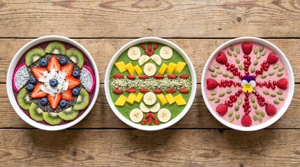 Vibrant smoothie bowls with fresh fruit toppings on wooden table