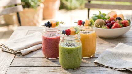 Vibrant smoothies in mason jars with fresh fruit skewers on a rustic table