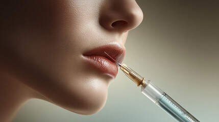 Close-up of girl's face and syringe near her lips on beige banner with copy space. Concept of botox lips.