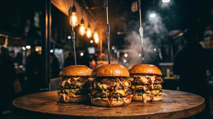 Juicy gourmet burgers on wooden table at night market