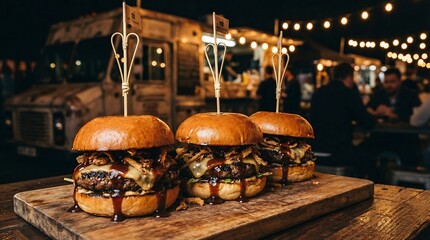 Delicious gourmet burgers on wooden board at night market