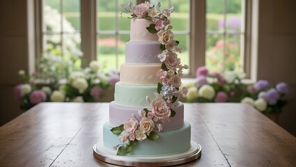 Stunning multi-tiered wedding cake with pastel colors and floral decorations on a wooden table