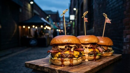 Delicious gourmet burgers on wooden board in outdoor food market