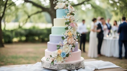 Beautiful multi-tiered wedding cake with floral decorations outdoors