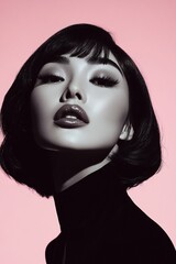 Woman with dark hair and striking makeup on a pink background. Beauty portrait for makeup and cosmetic product advertising. Glamour and fashion concept.