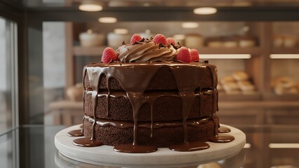 Delicious chocolate cake with raspberries on a white plate in bakery