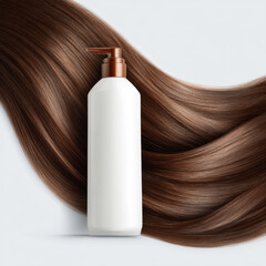 Shiny lock of brown hair wrapping around a cosmetic bottle on a white background, perfect for beauty and hair care products