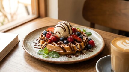 Delicious waffle with ice cream and fresh berries on wooden table